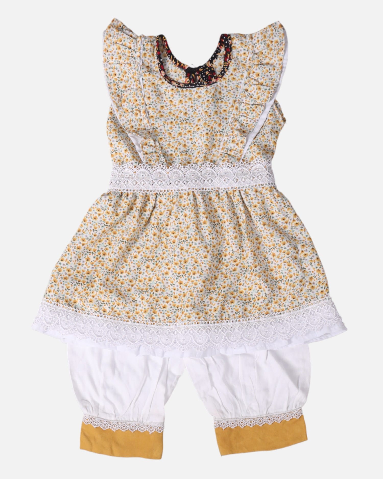 Yellow Floral Cotton Dress with White Lace and Matching Pants