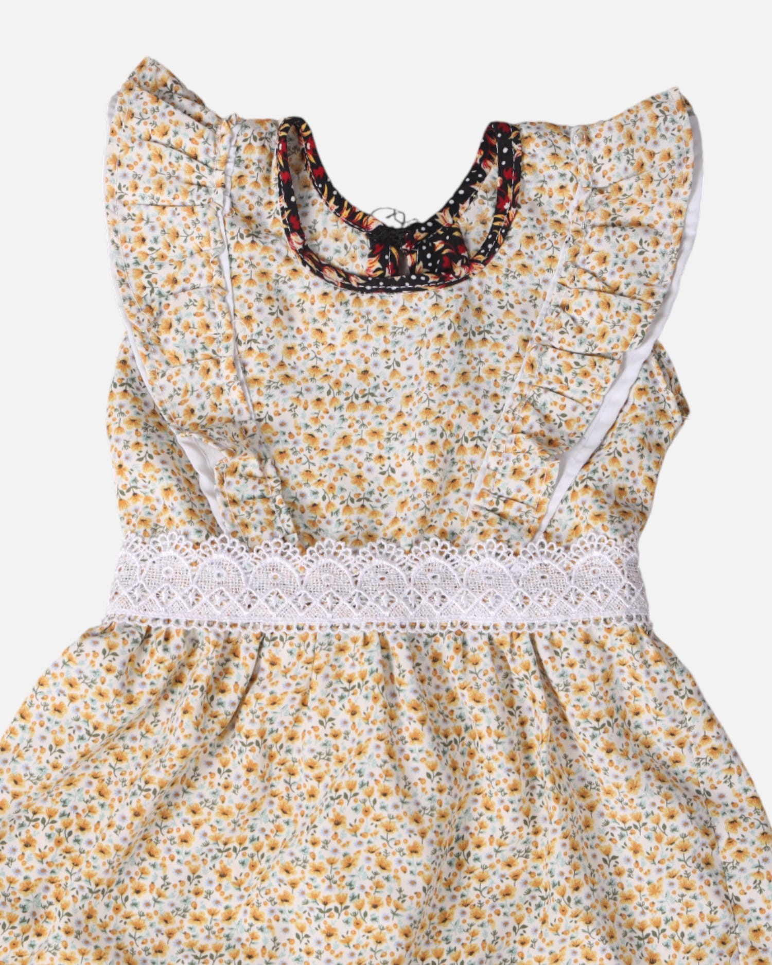 Yellow Floral Cotton Dress with White Lace and Matching Pants