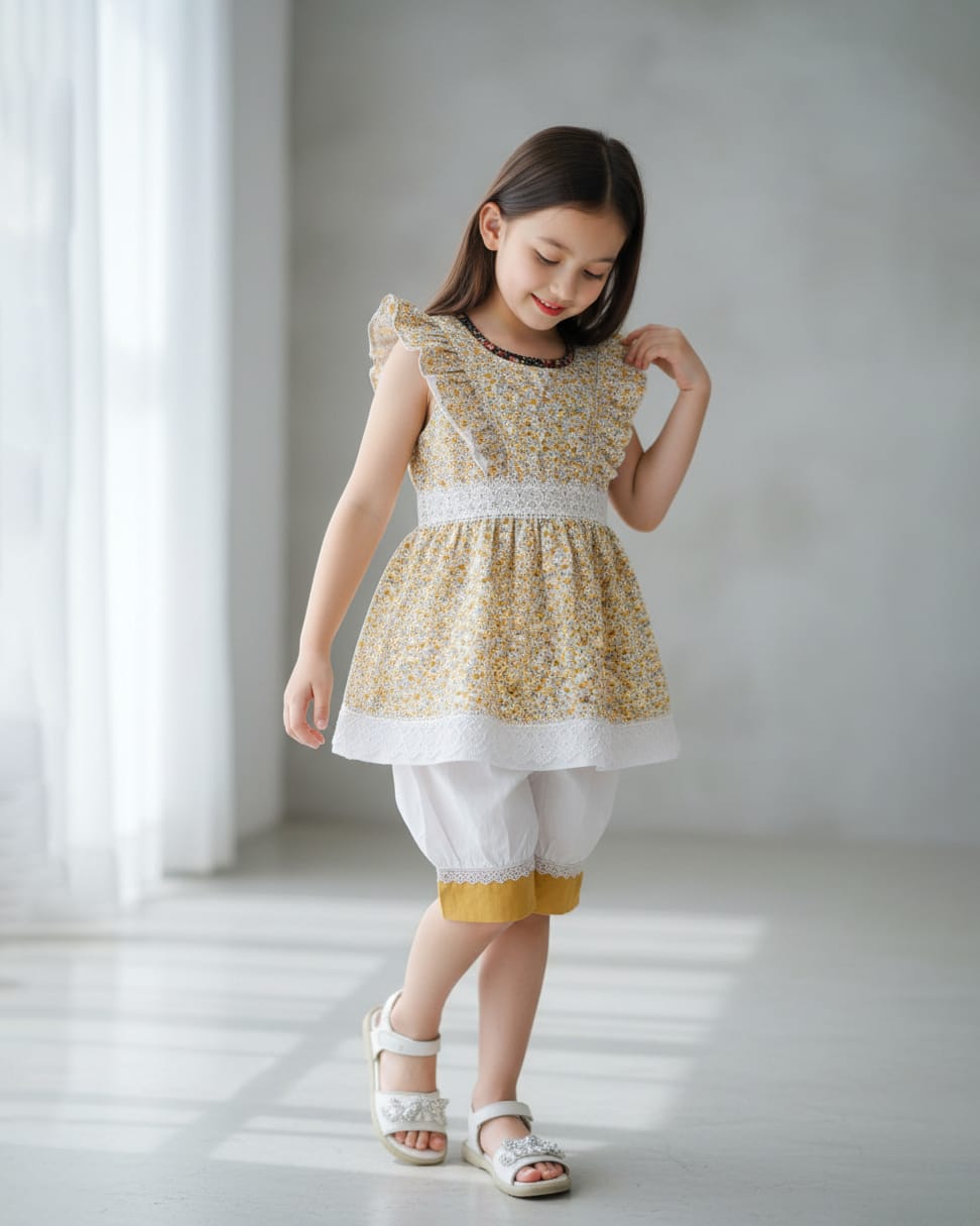 Yellow Floral Cotton Dress with White Lace and Matching Pants