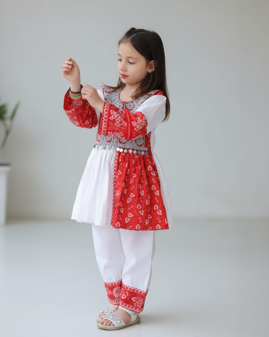 Red and White Traditional Embroidered Cotton Dress