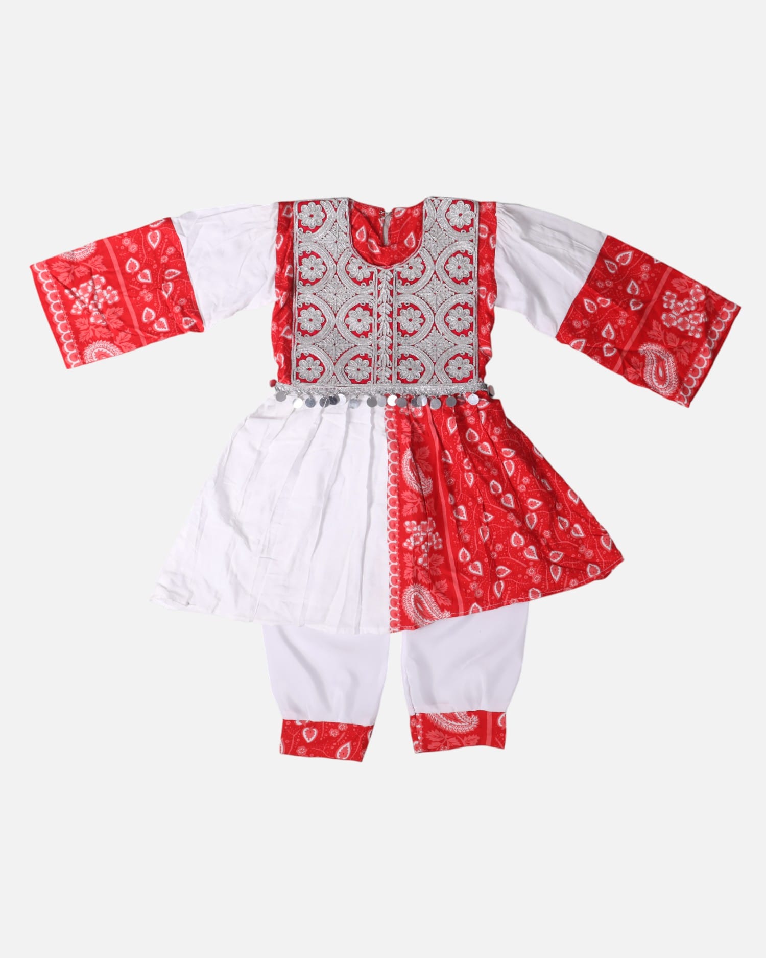 Red and White Traditional Embroidered Cotton Dress