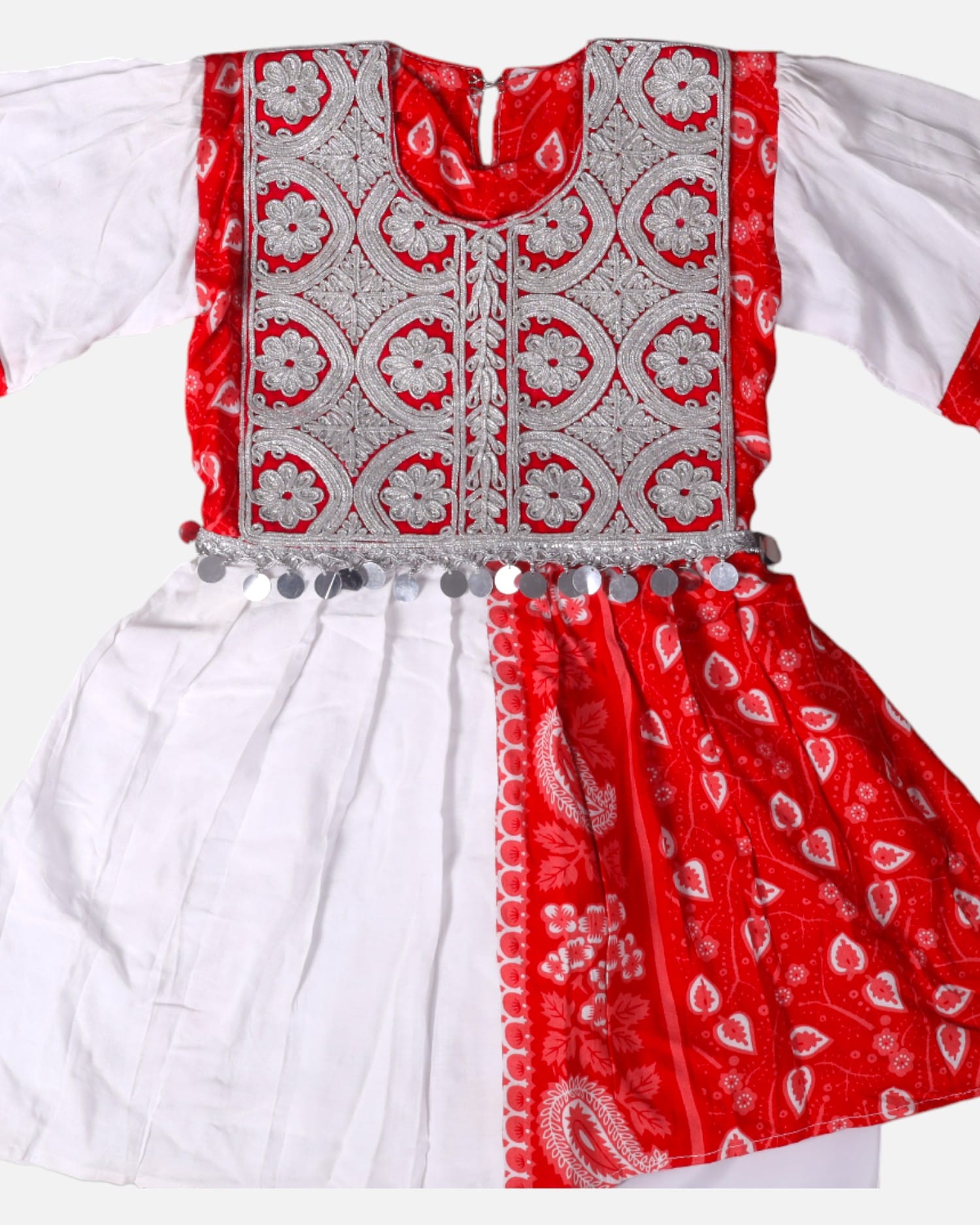 Red and White Traditional Embroidered Cotton Dress