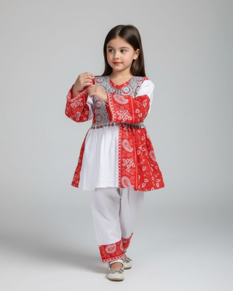 Red and White Traditional Embroidered Cotton Dress
