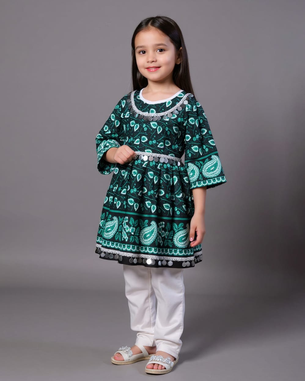 Dark Green & White Cotton Bandana Print Dress