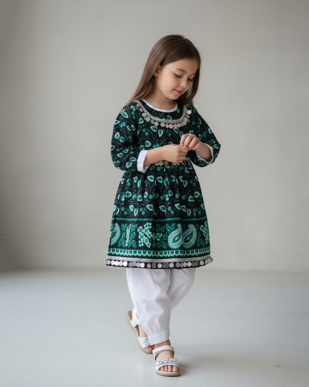 Dark Green & White Cotton Bandana Print Dress