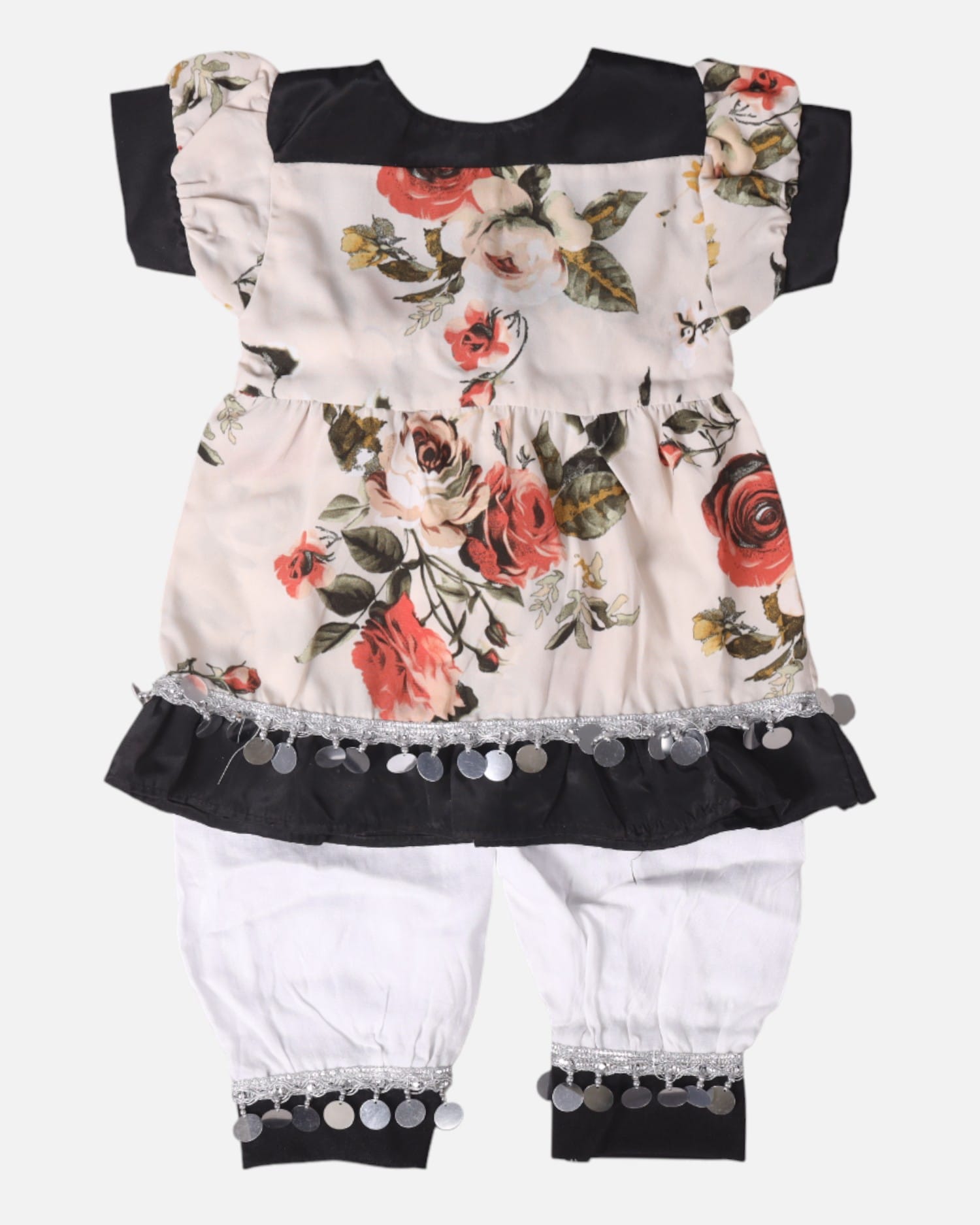 Cream Floral & Black Cotton Dress with Matching Pants