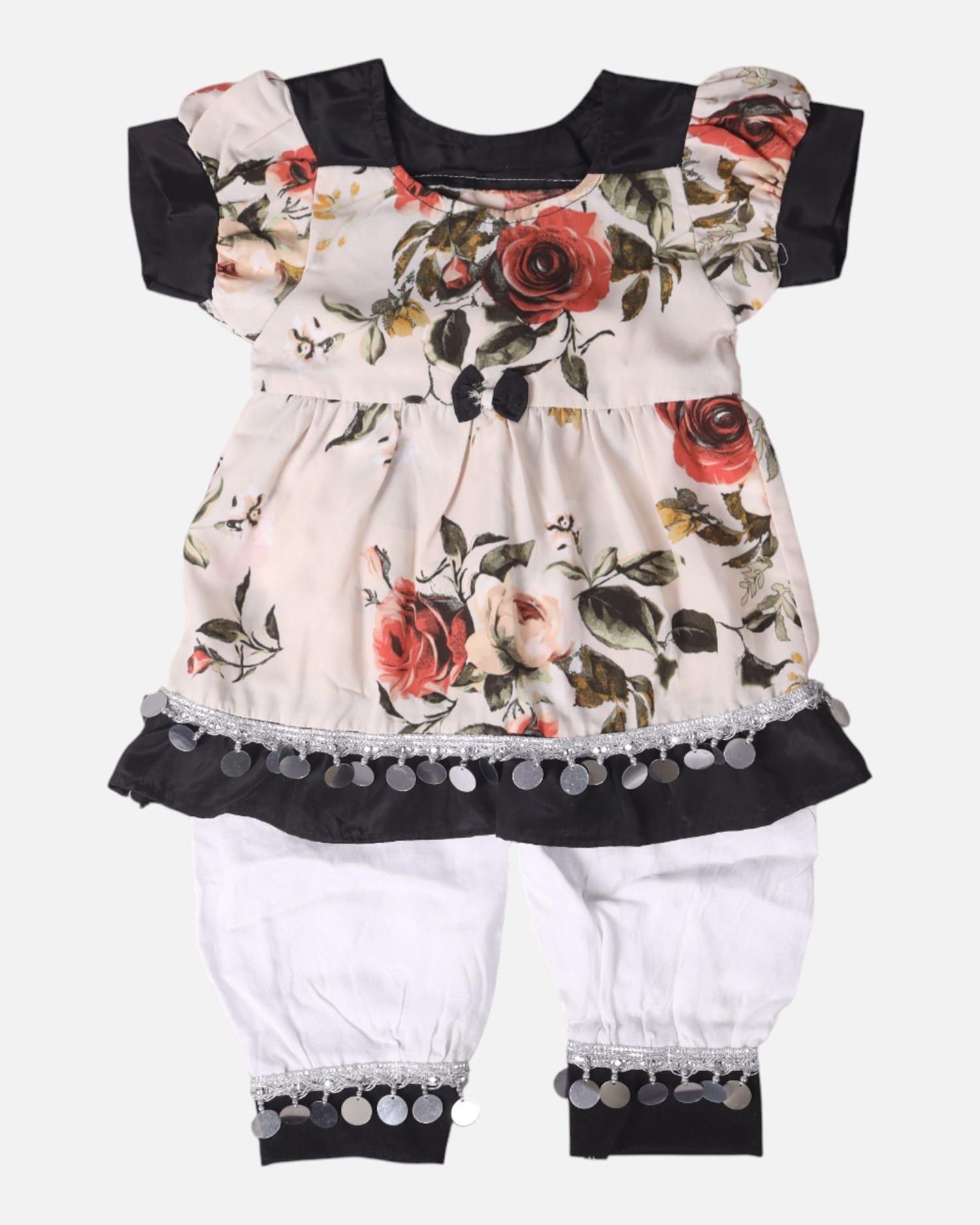 Cream Floral & Black Cotton Dress with Matching Pants