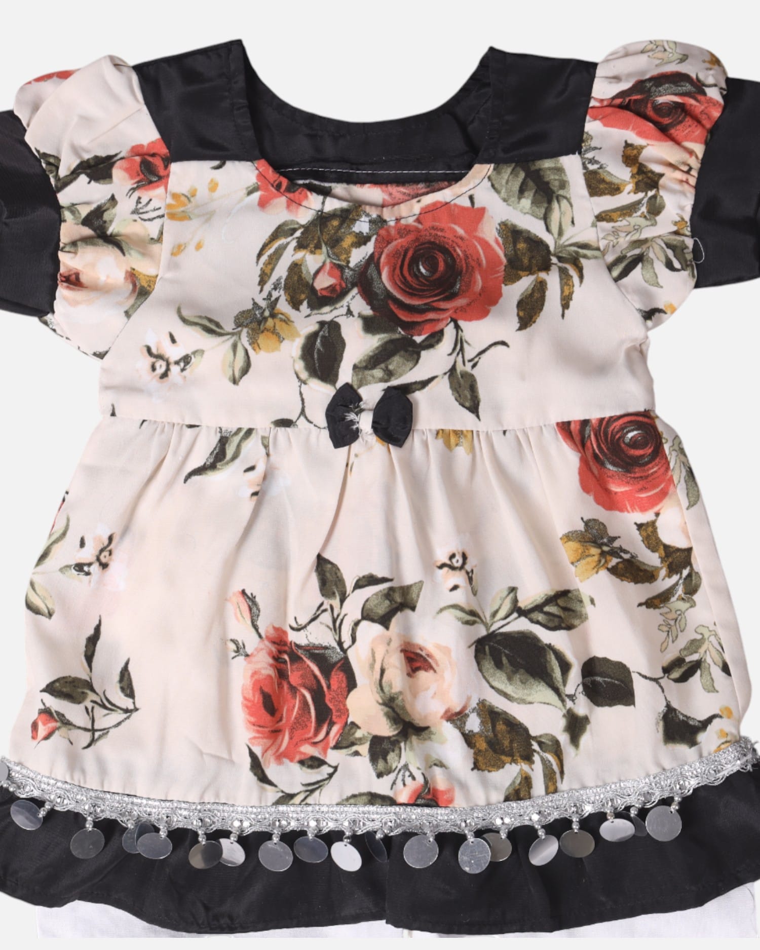 Cream Floral & Black Cotton Dress with Matching Pants