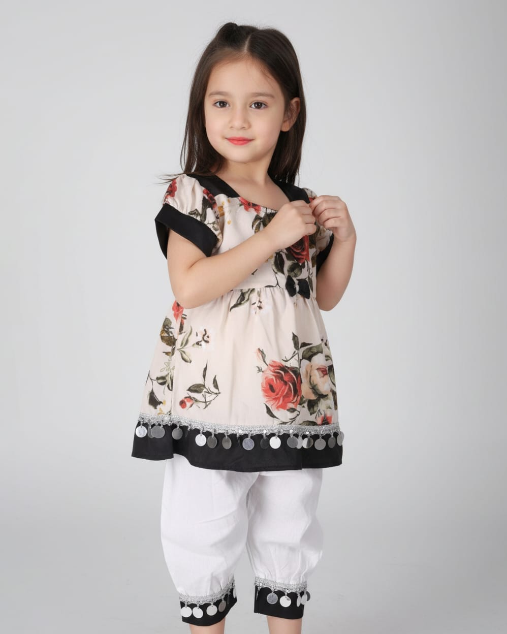 Cream Floral & Black Cotton Dress with Matching Pants