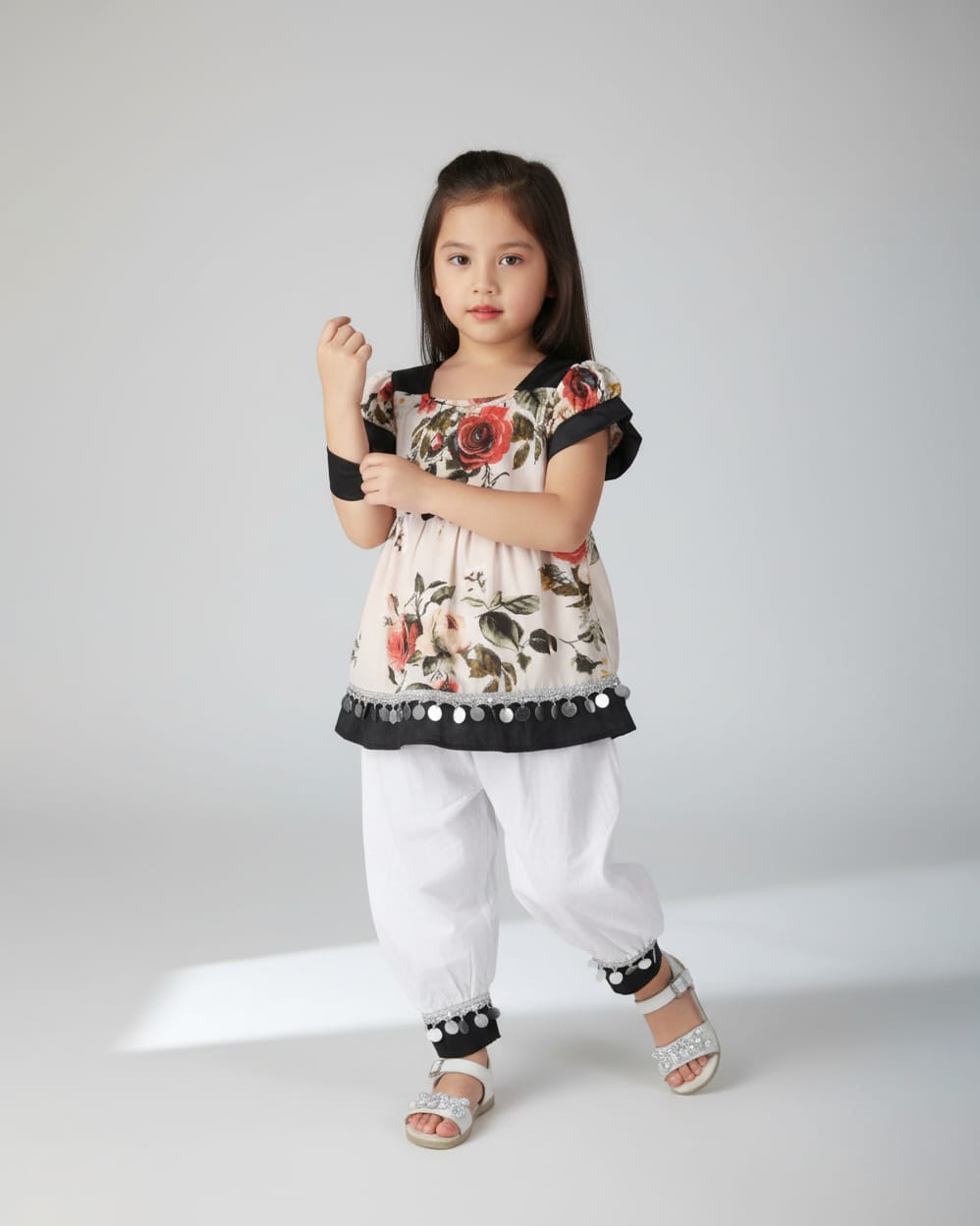 Cream Floral & Black Cotton Dress with Matching Pants