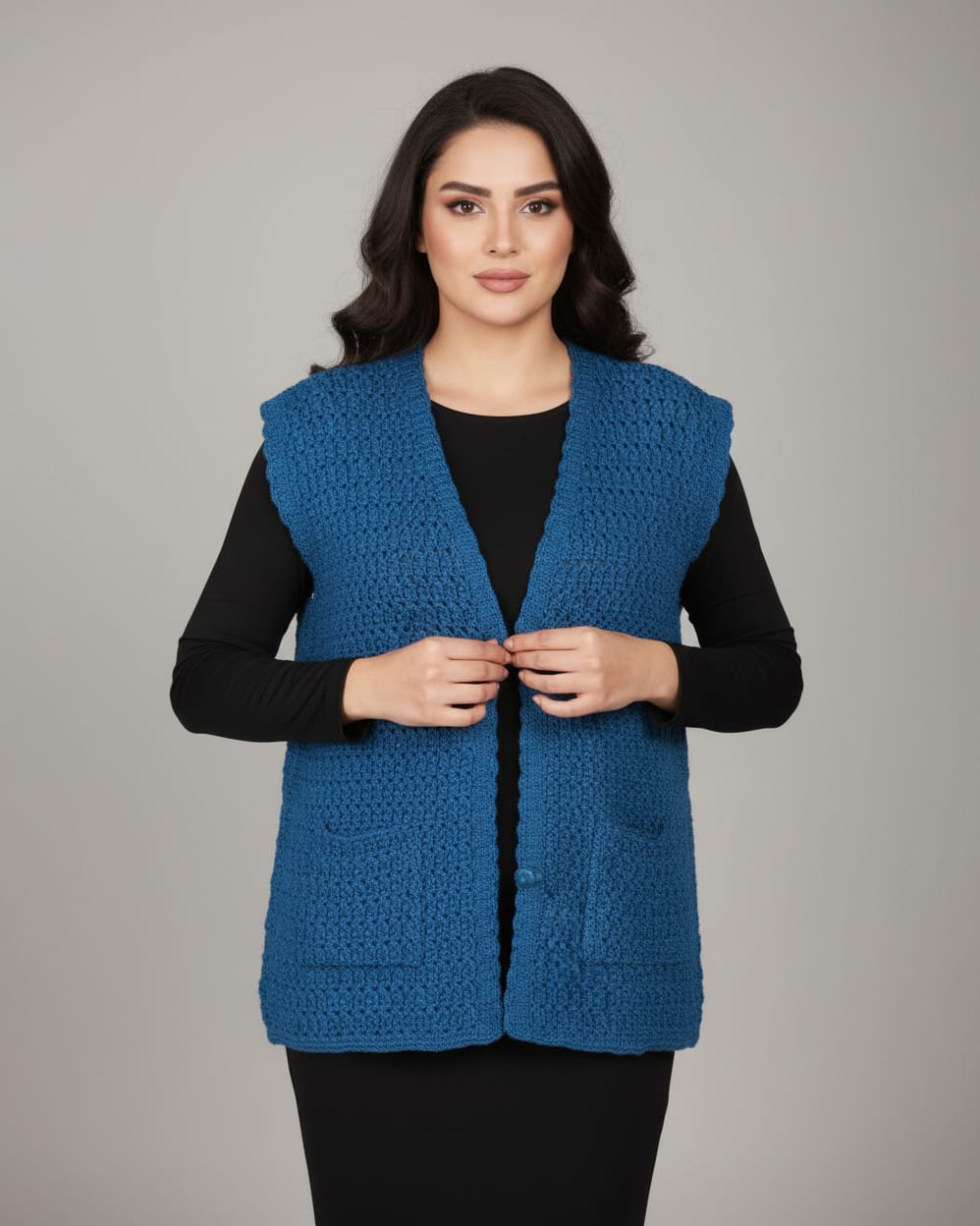 Blue Hand Knitted Sleeveless Jacket for Women