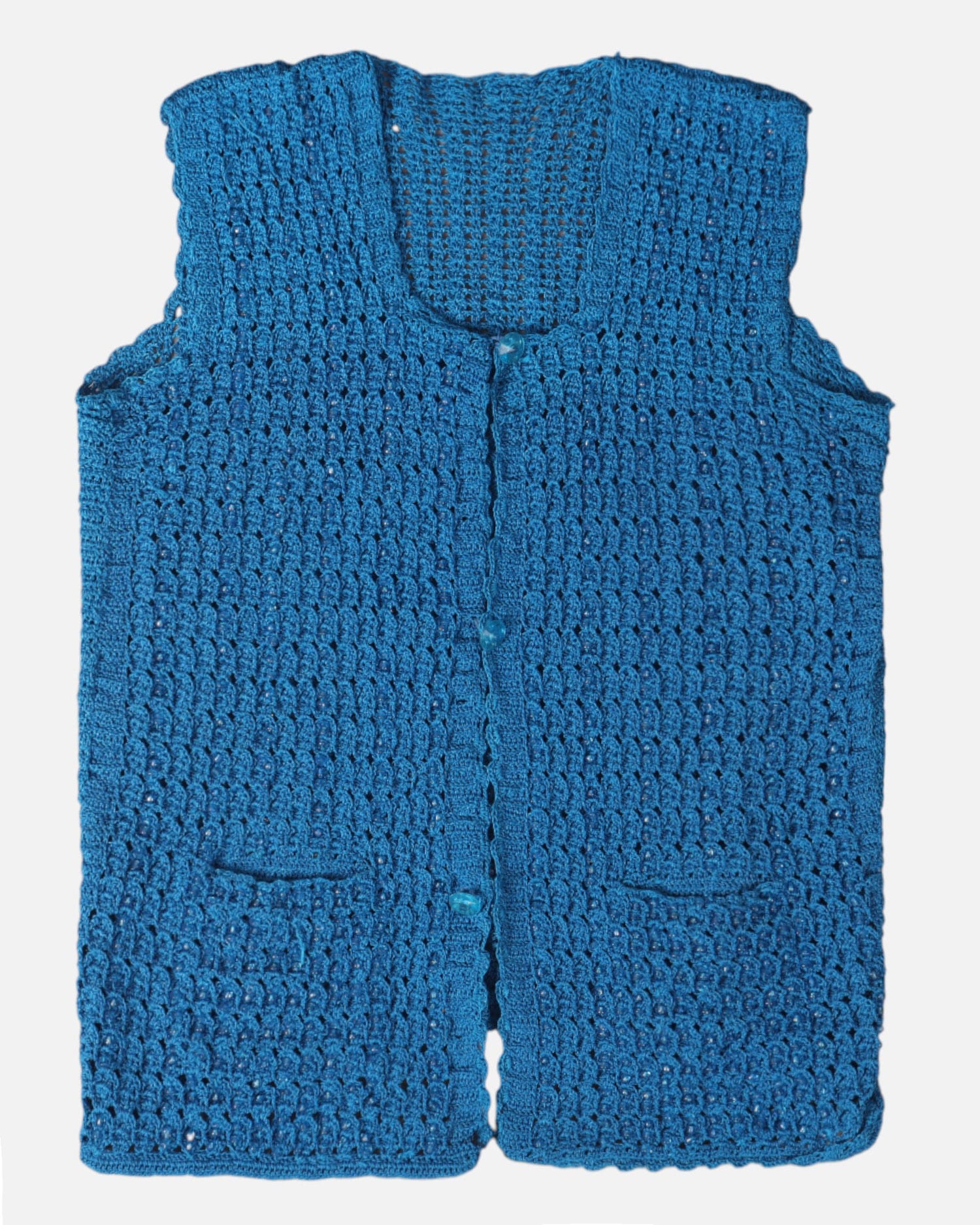 Blue Hand Knitted Sleeveless Jacket for Women