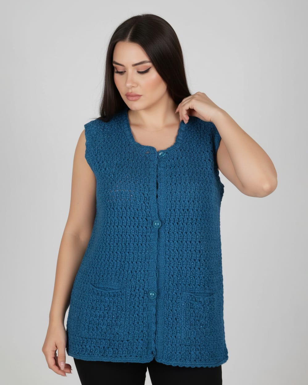 Blue Hand Knitted Sleeveless Jacket for Women