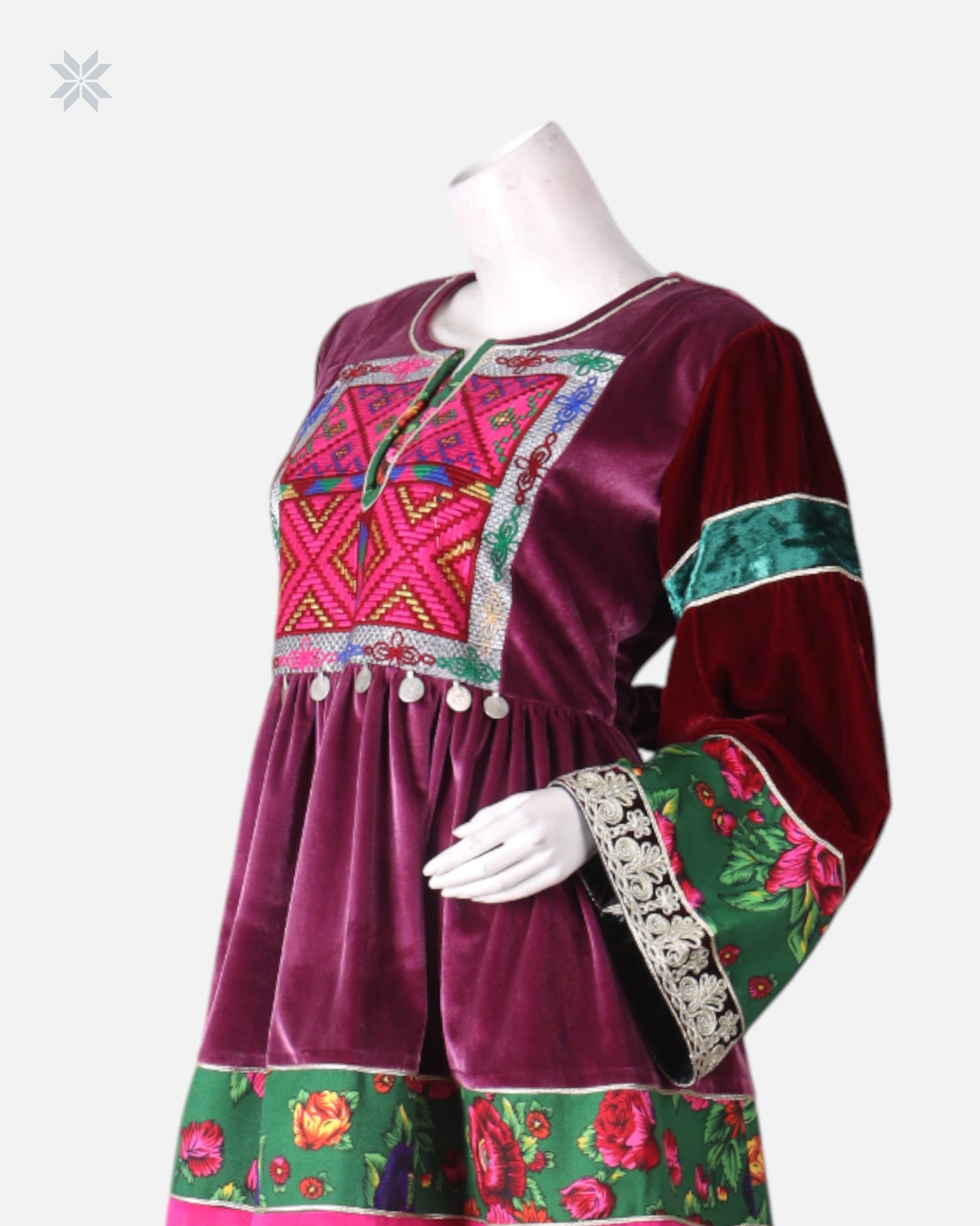 Short Velvet Dress Embroidery & Green Chador