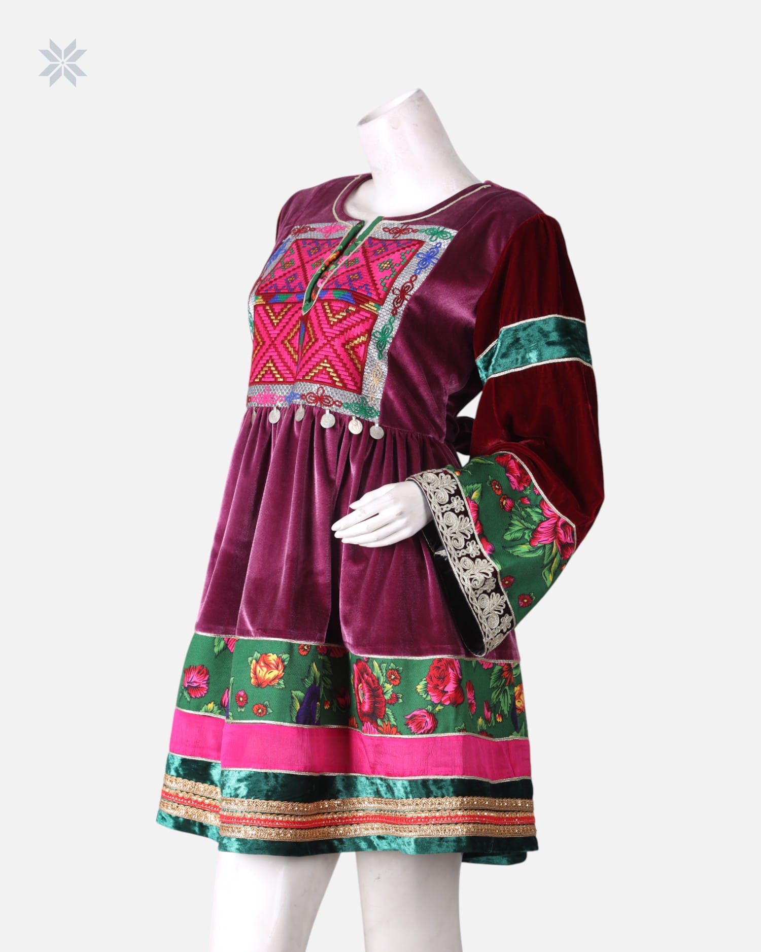 Short Velvet Dress Embroidery & Green Chador