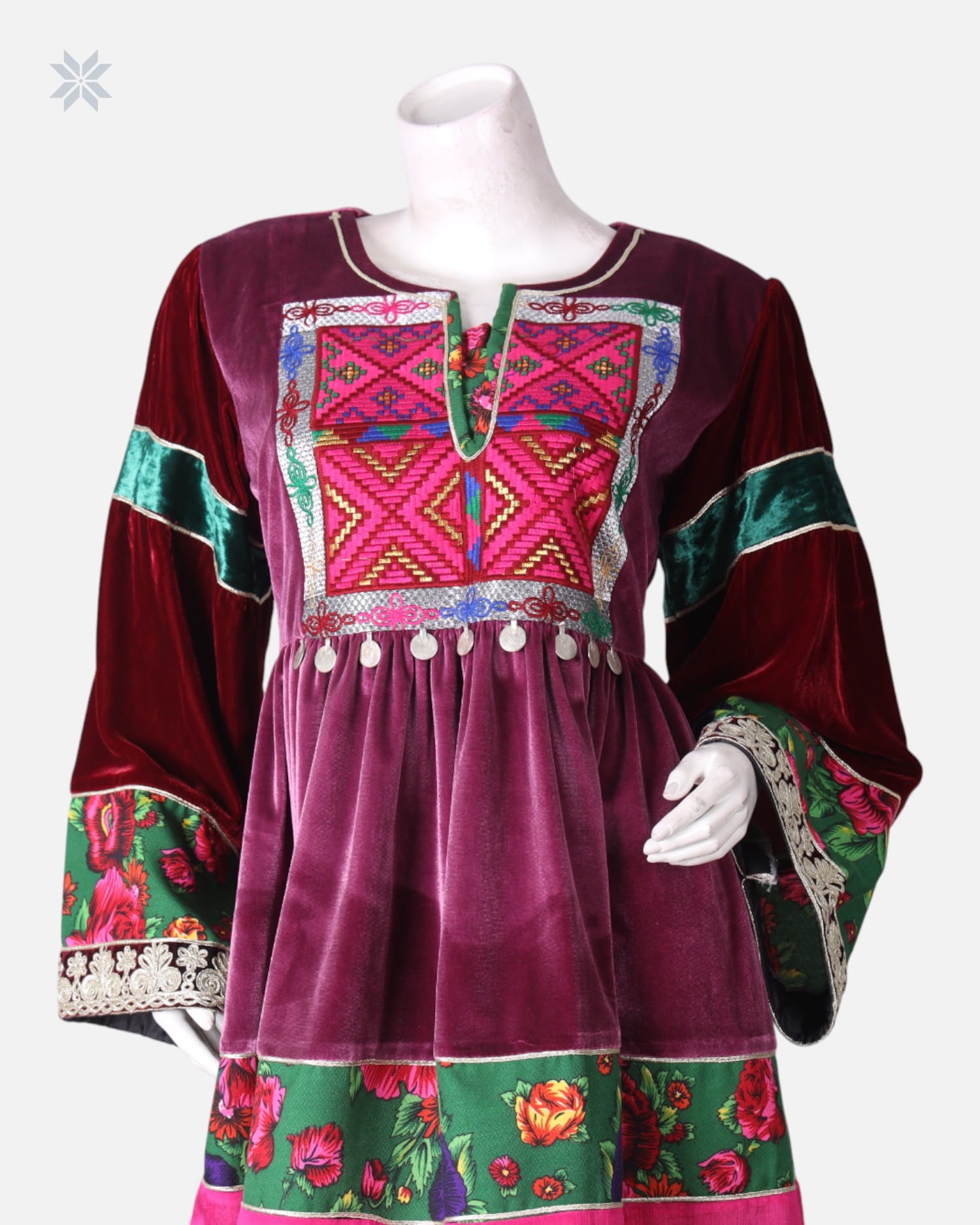 Short Velvet Dress Embroidery & Green Chador