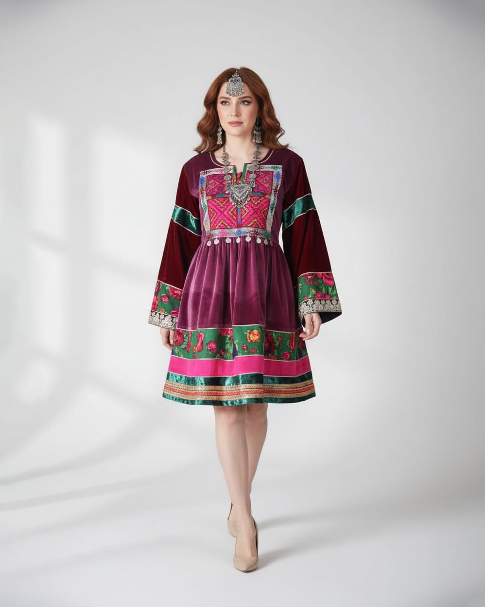 Short Velvet Dress Embroidery & Green Chador