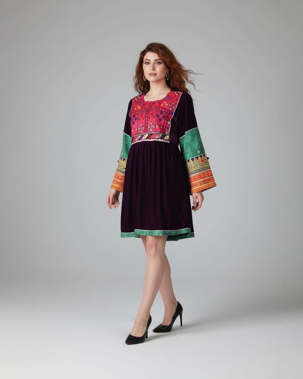 Burgundy and Green Short Dress Handmade