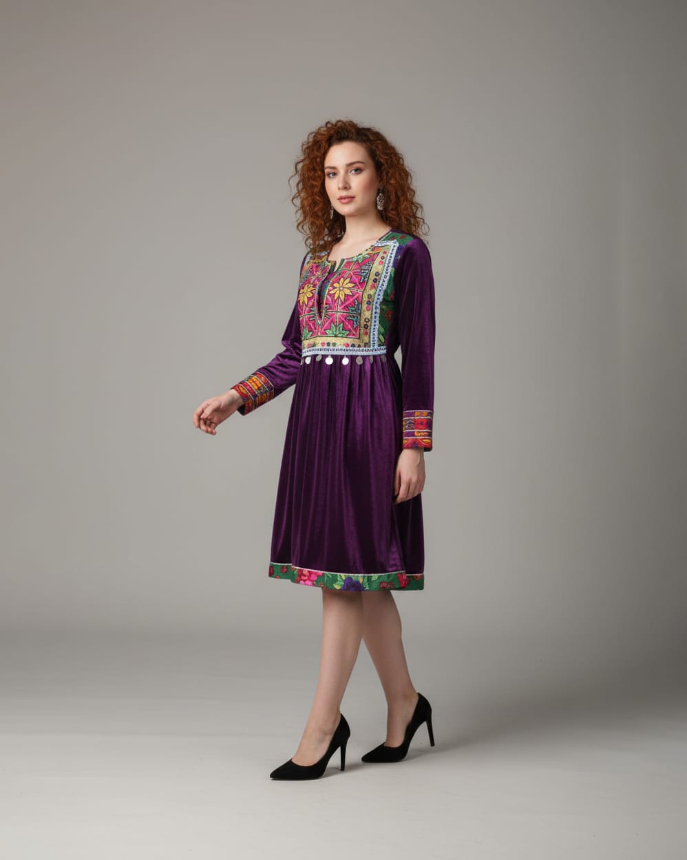 Deep Purple Velvet Dress with Colorful Handcrafted Embroidery