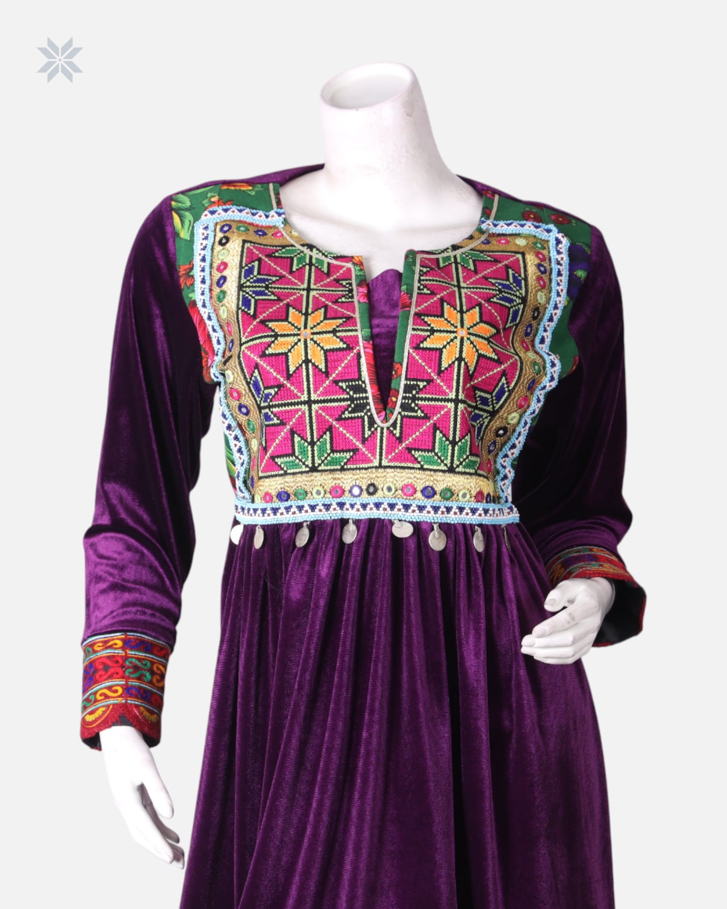 Deep Purple Velvet Dress with Colorful Handcrafted Embroidery
