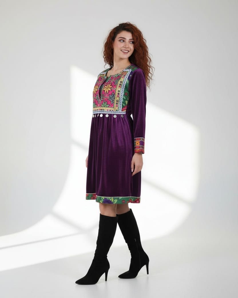 Deep Purple Velvet Dress with Colorful Handcrafted Embroidery