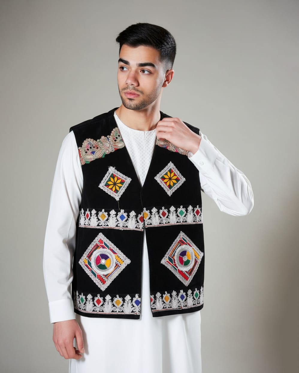 Black Afghan Men’s Velvet Vest with Multicolor Hand Embroidery