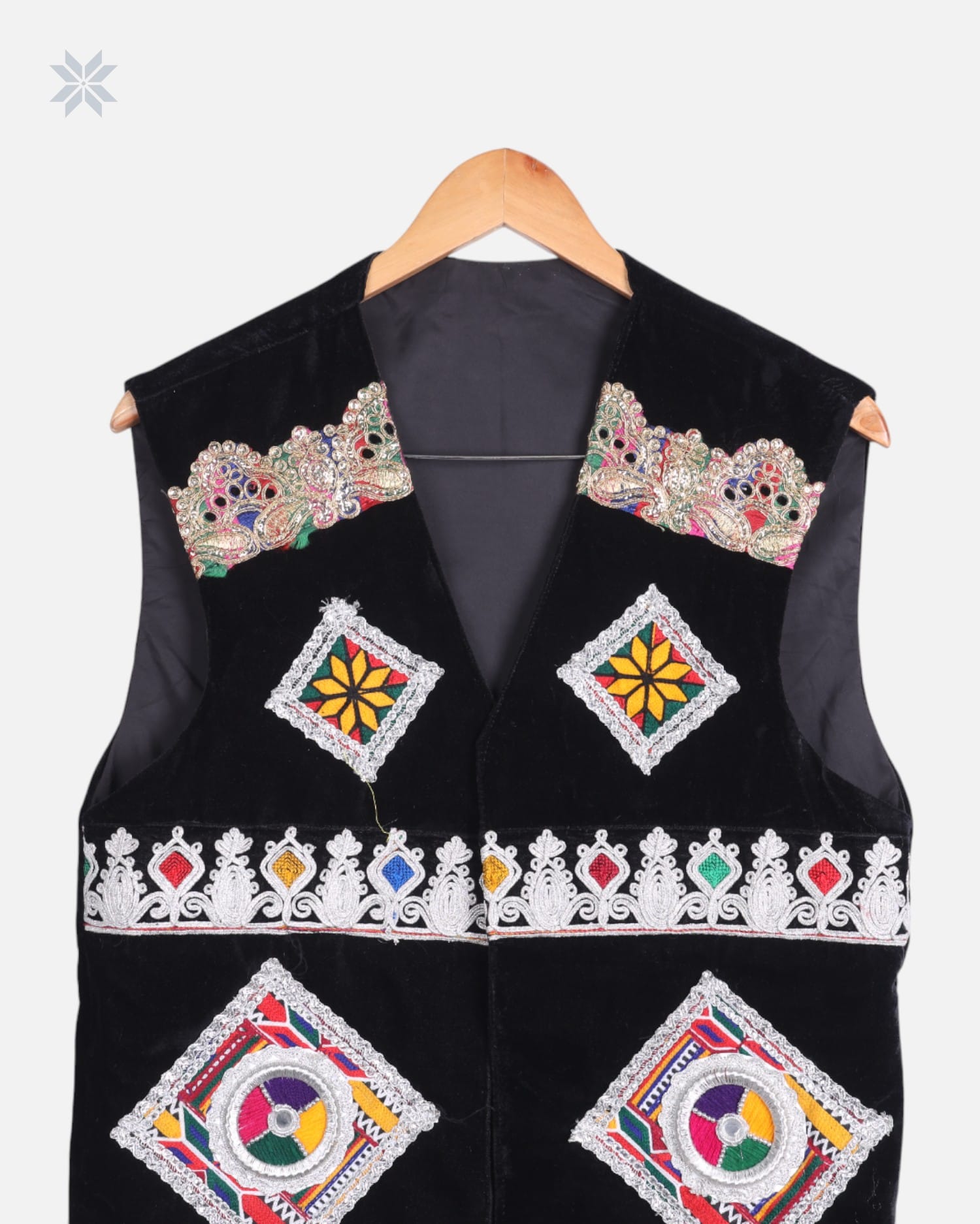 Black Afghan Men’s Velvet Vest with Multicolor Hand Embroidery