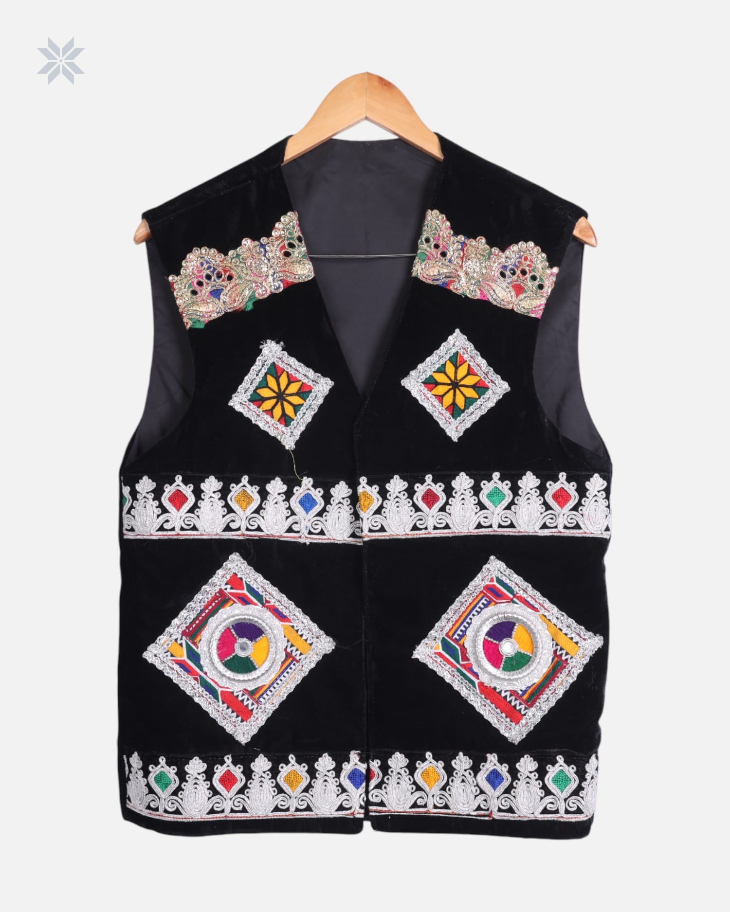 Black Afghan Men’s Velvet Vest with Multicolor Hand Embroidery