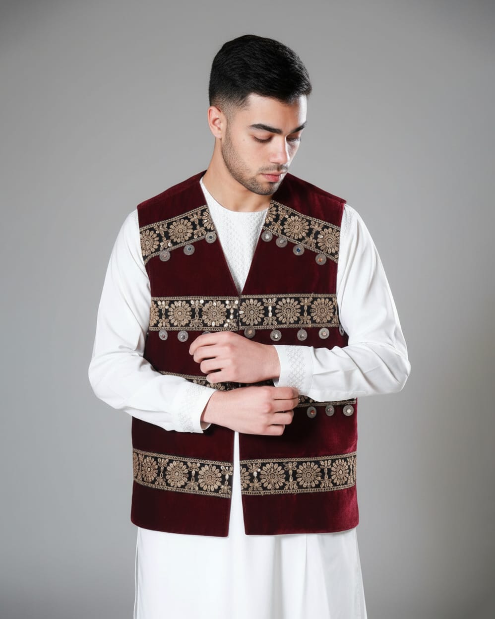 Burgundy Afghan Velvet Men’s Vest with Floral Embroidery and Decorative Coins
