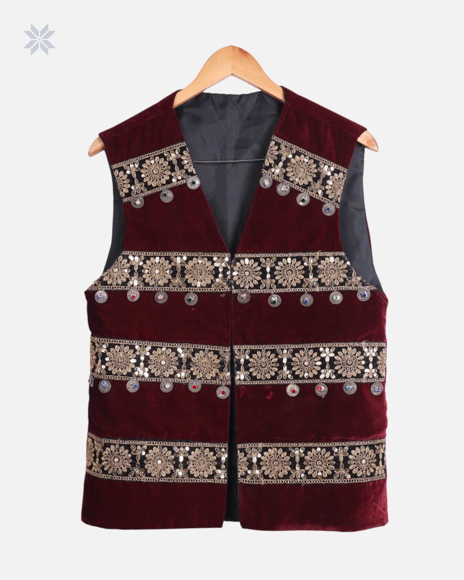 Burgundy Afghan Velvet Men’s Vest with Floral Embroidery and Decorative Coins