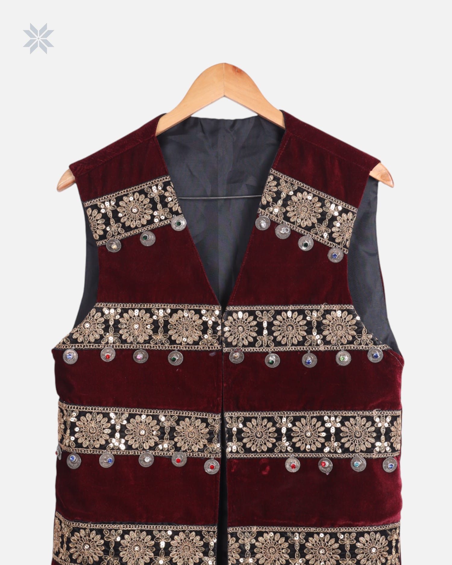Burgundy Afghan Velvet Men’s Vest with Floral Embroidery and Decorative Coins