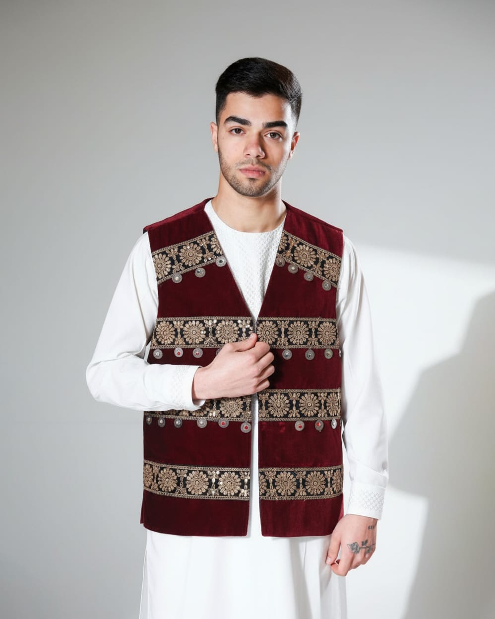 Burgundy Afghan Velvet Men’s Vest with Floral Embroidery and Decorative Coins