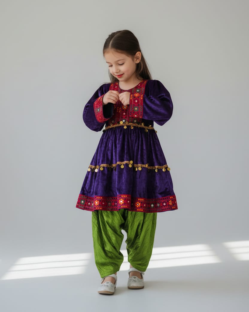 Child Velvet Dress in Rich Emerald blue with Embroidered Details