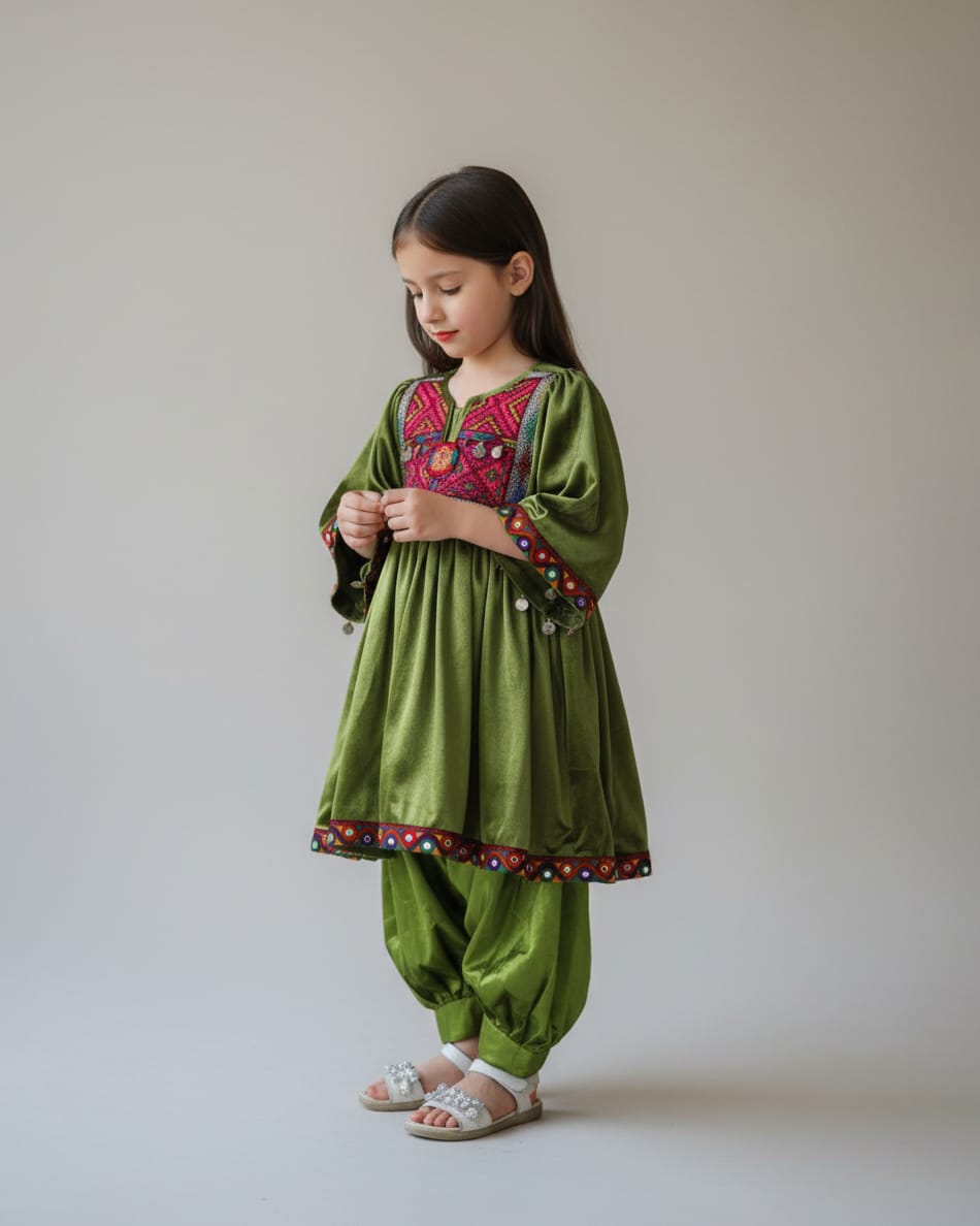Child Dress with Velvet Sleeves in Green