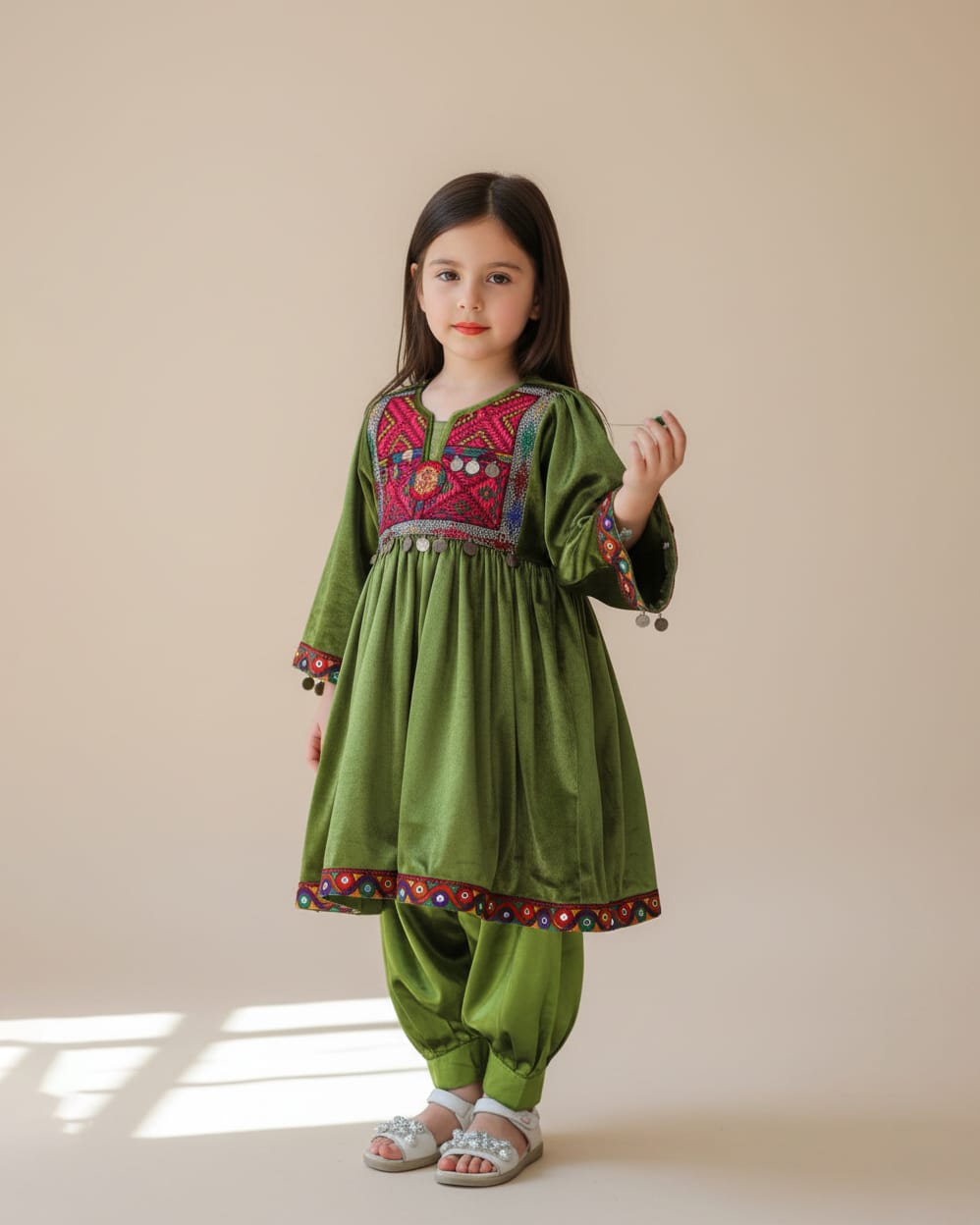 Child Dress with Velvet Sleeves in Green - Girl Kid Cloth Size: 12 Year