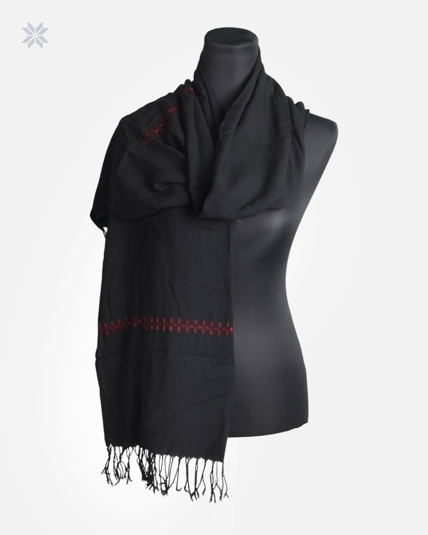 Black Cotton Chador Scarf with Red Embroidered Detail