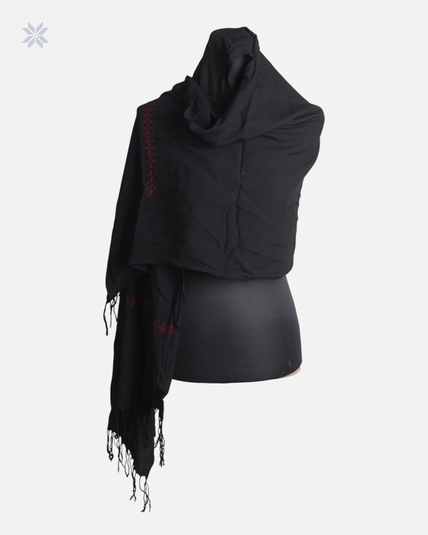 Black Cotton Chador Scarf with Red Embroidered Detail