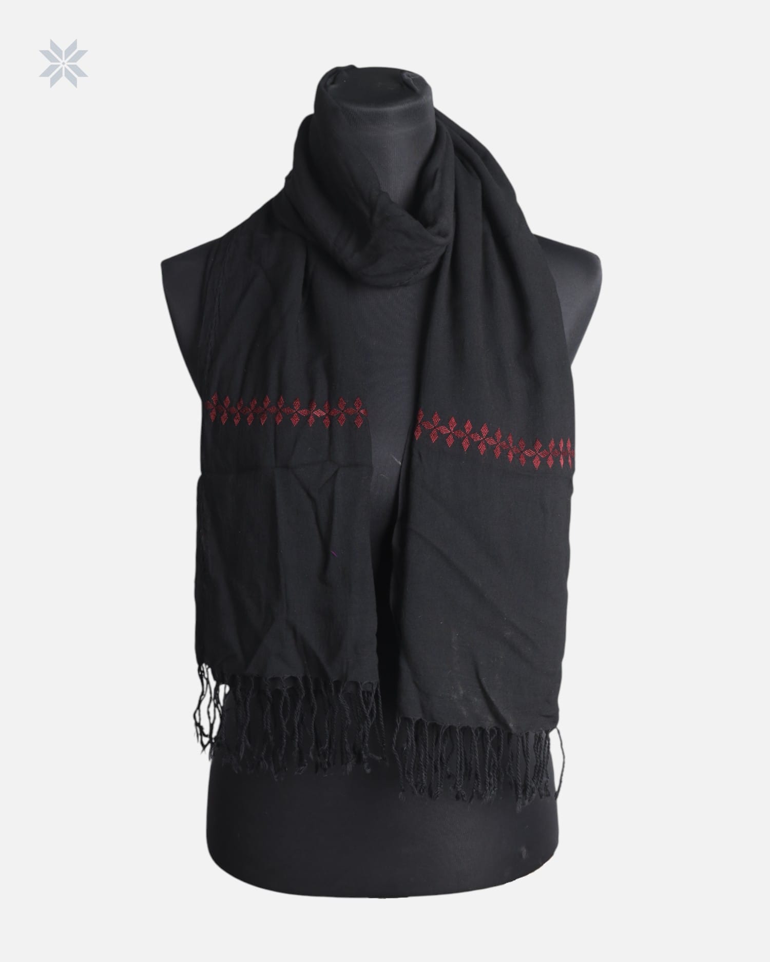 Black Cotton Chador Scarf with Red Embroidered Detail