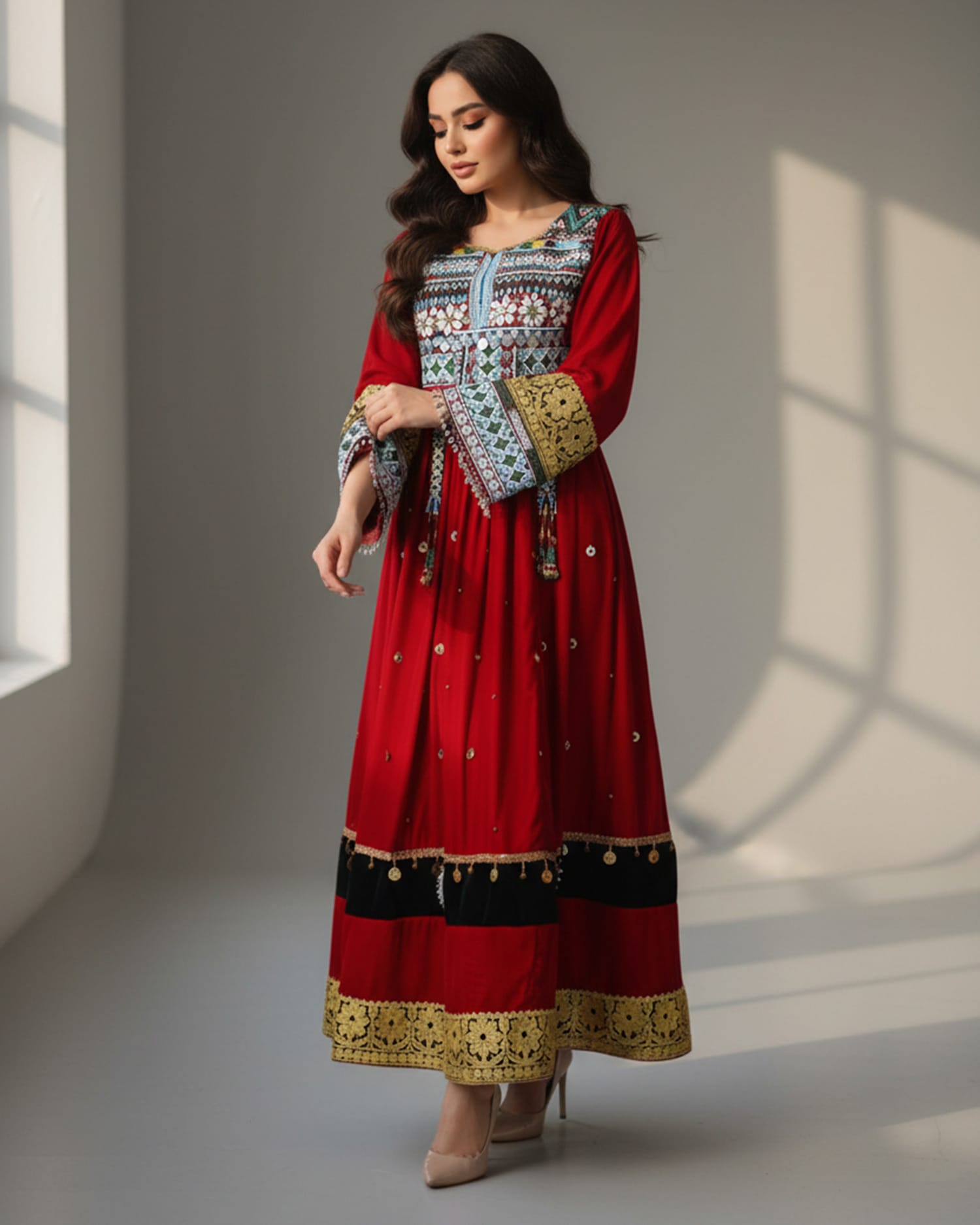 Red Afghan Silk Velvet Dress with Charama Dozi Leather Work and Coin Detailing