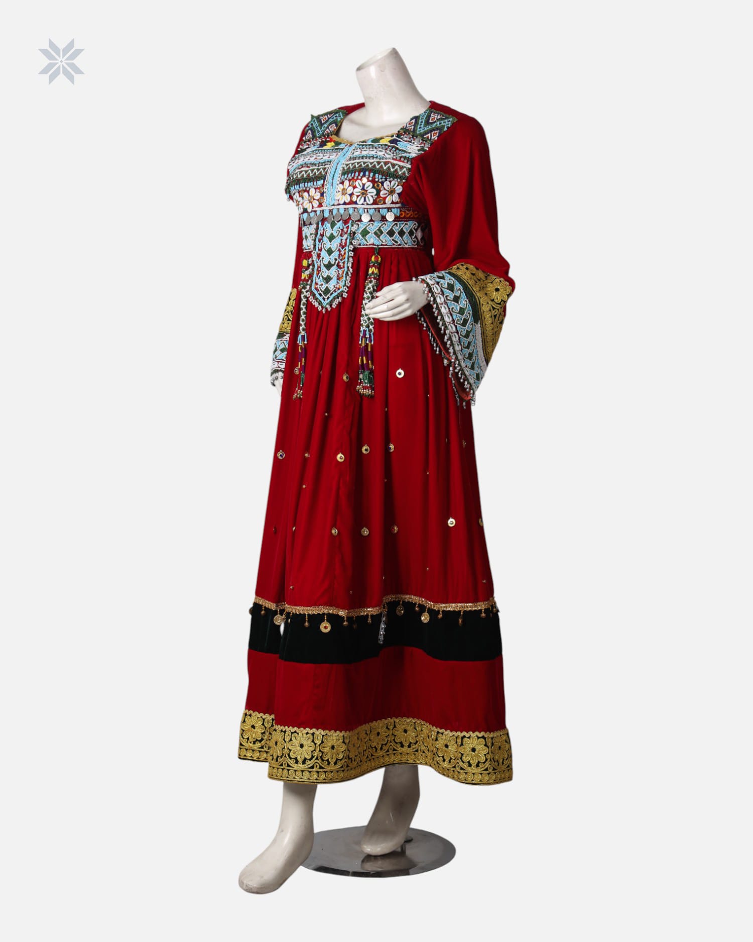 Red Afghan Silk Velvet Dress with Charama Dozi Leather Work and Coin Detailing