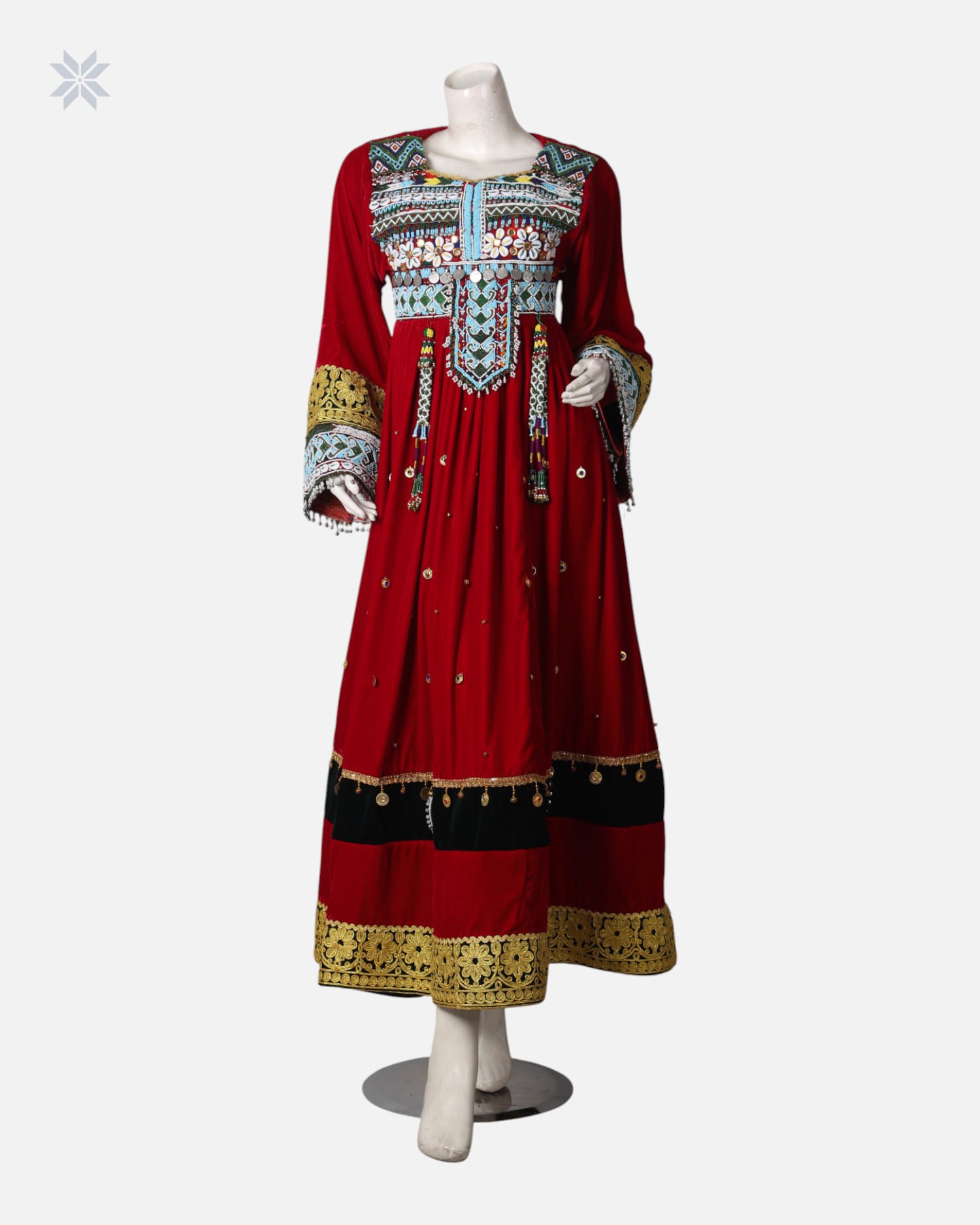 Red Afghan Silk Velvet Dress with Charama Dozi Leather Work and Coin Detailing