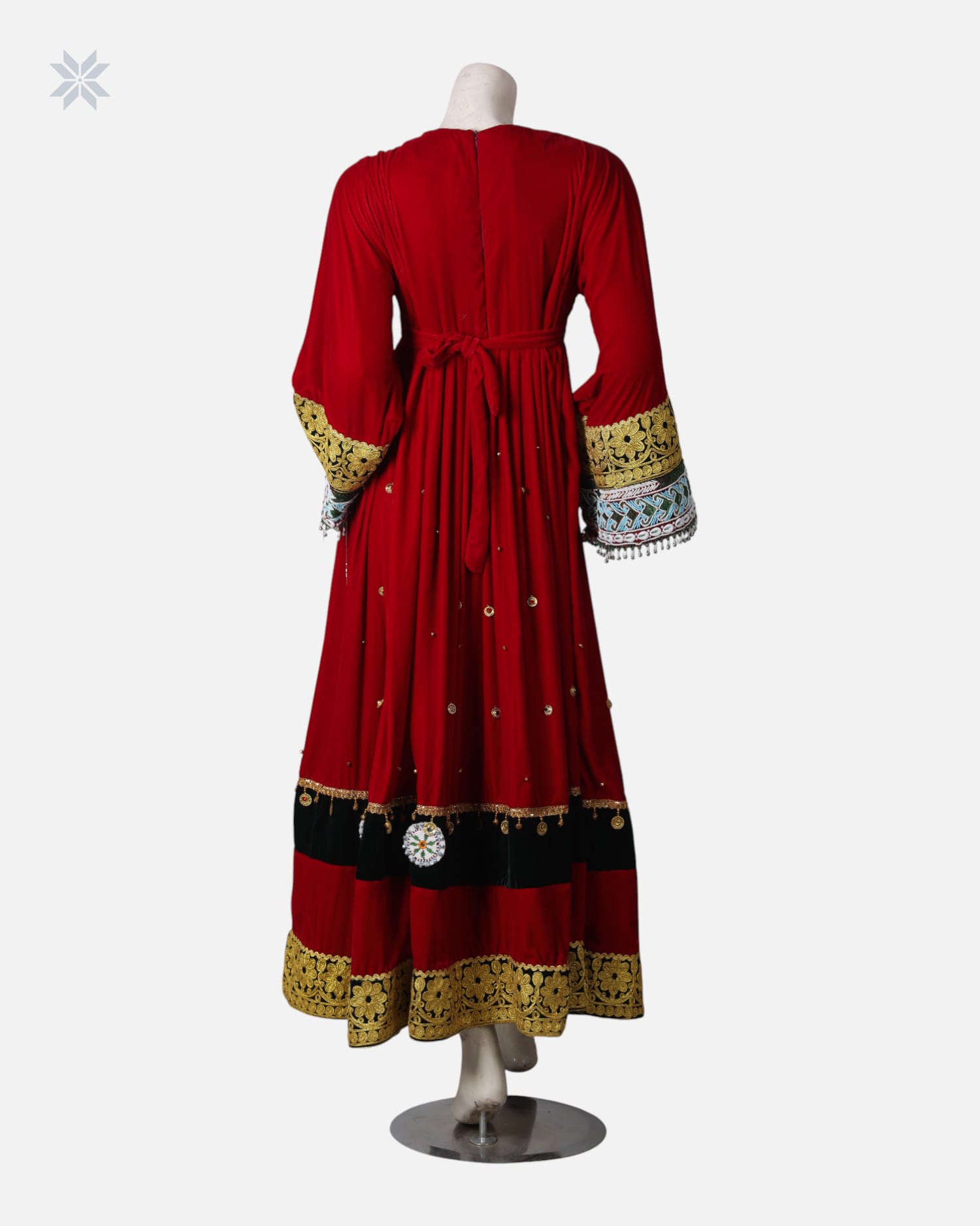 Red Afghan Silk Velvet Dress with Charama Dozi Leather Work and Coin Detailing