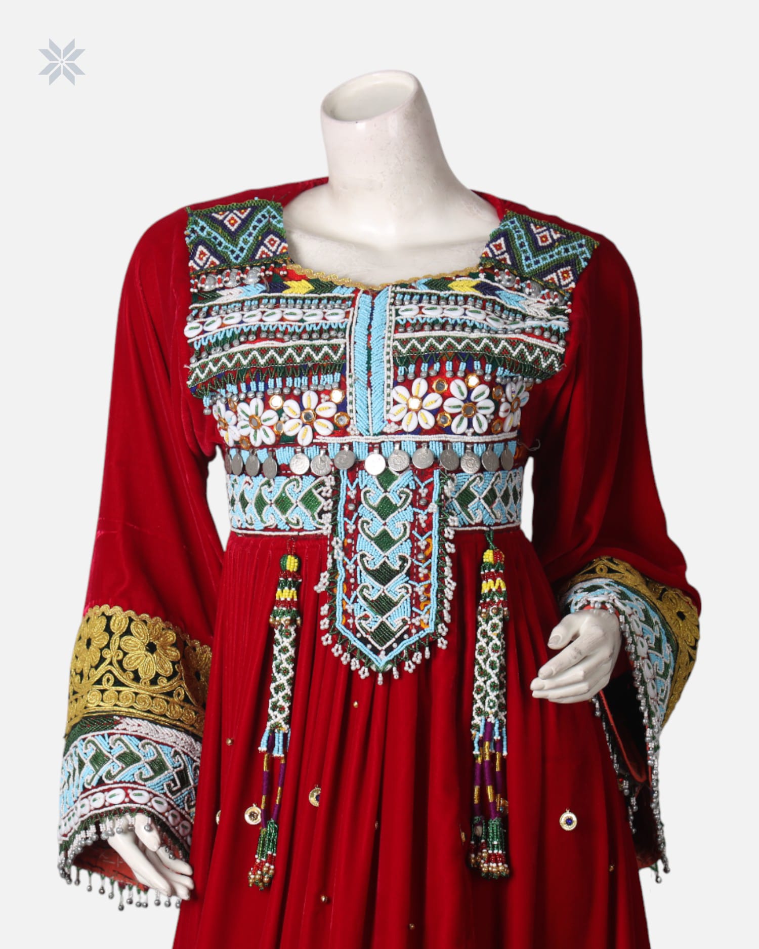Red Afghan Silk Velvet Dress with Charama Dozi Leather Work and Coin Detailing