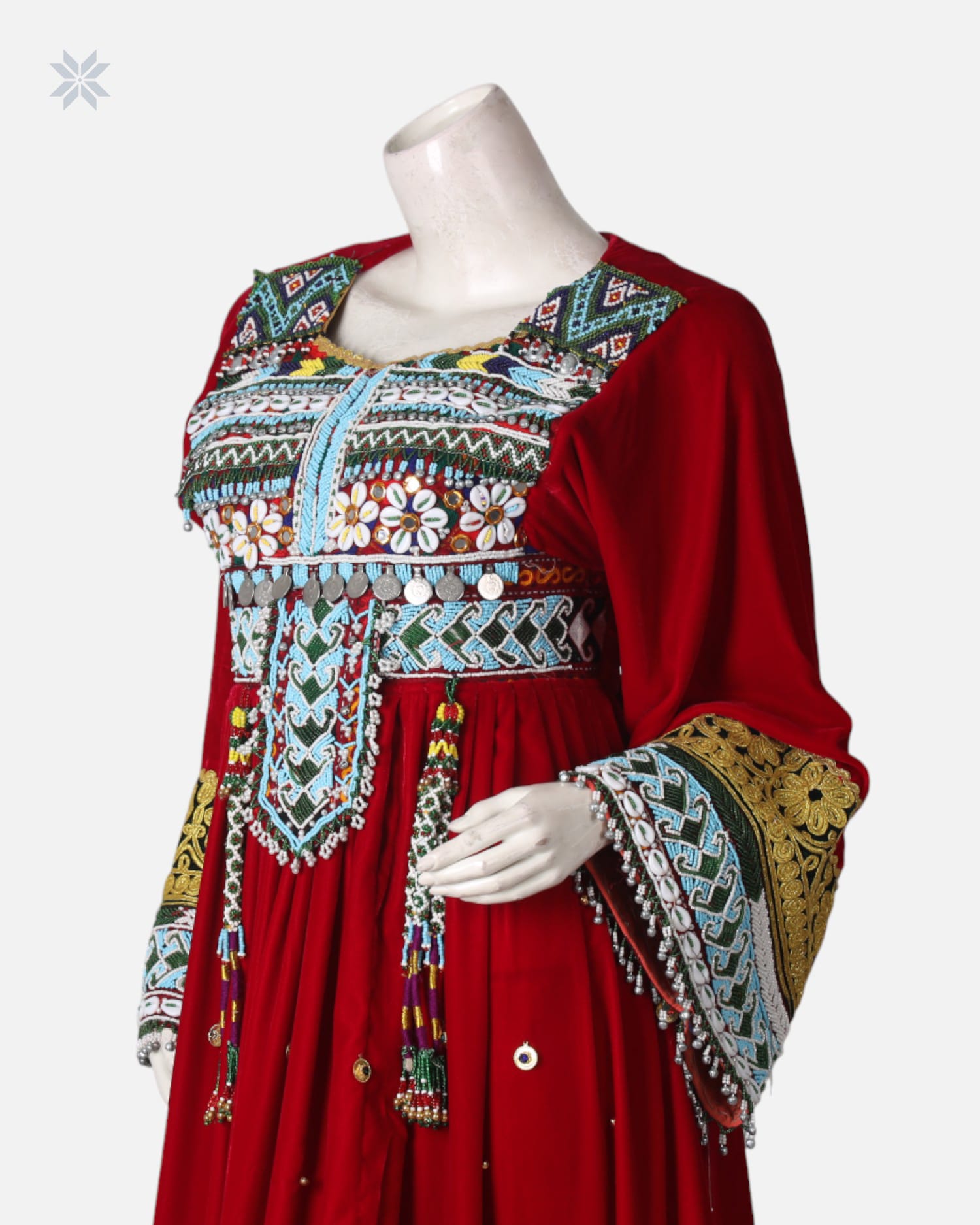 Red Afghan Silk Velvet Dress with Charama Dozi Leather Work and Coin Detailing