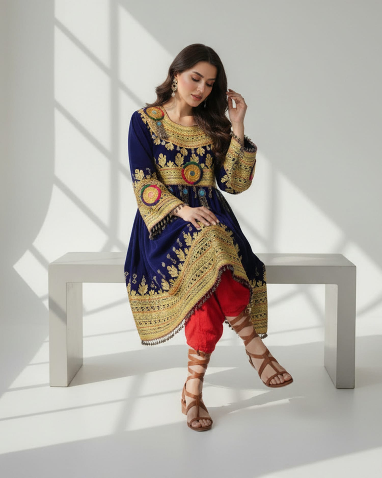 Royal Blue Afghan Silk Velvet Dress Charama Dozi