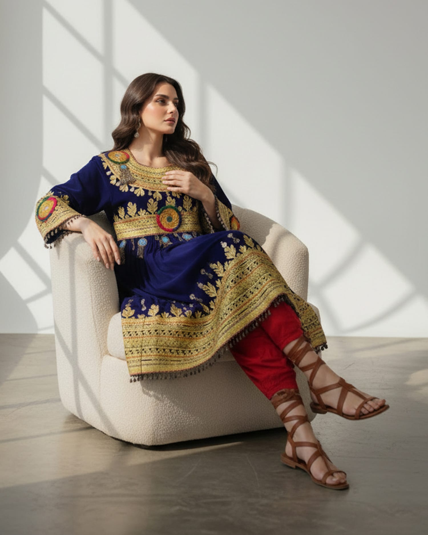 Royal Blue Afghan Silk Velvet Dress Charama Dozi