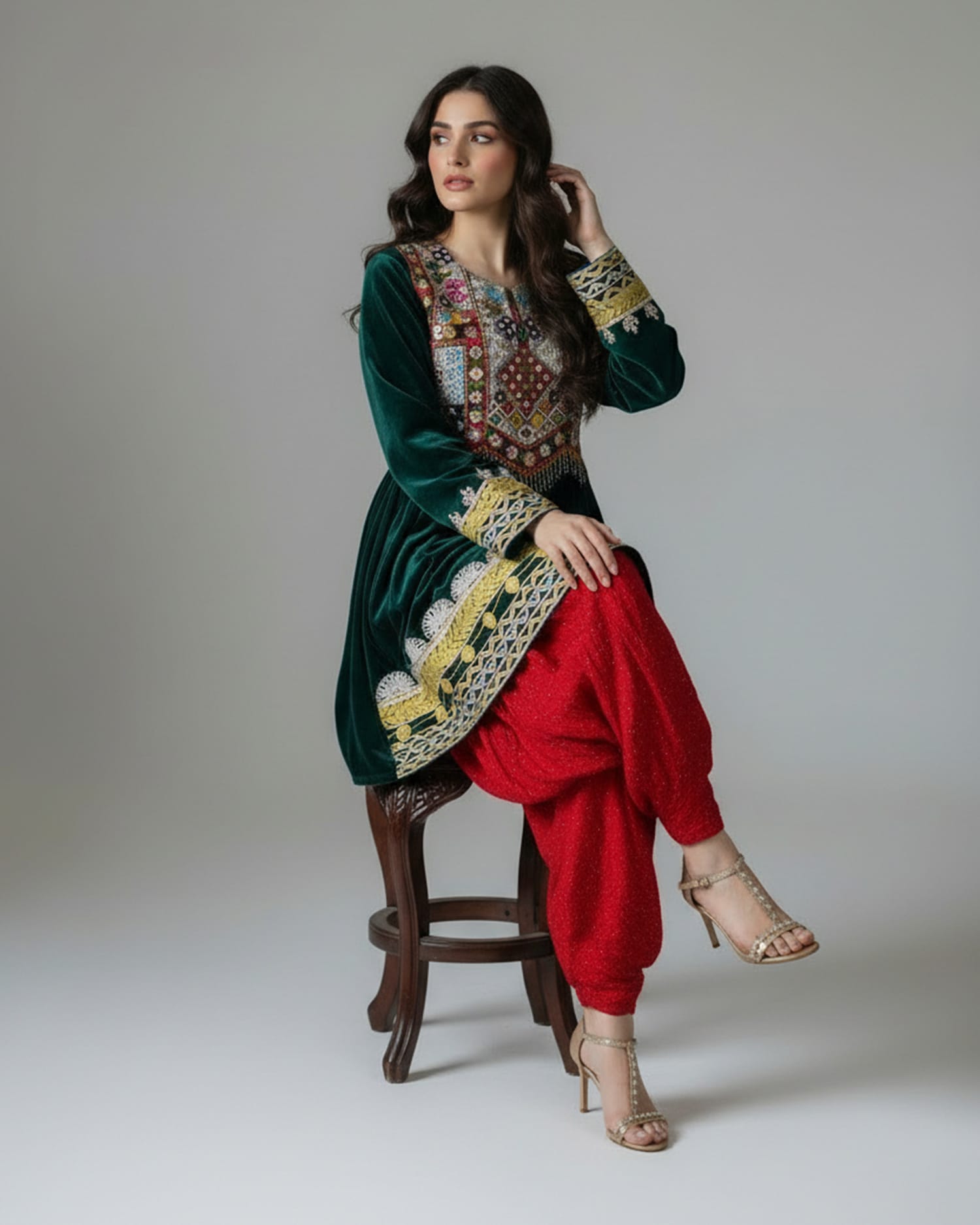 Green Velvet Dress with Pants and Red Shawl
