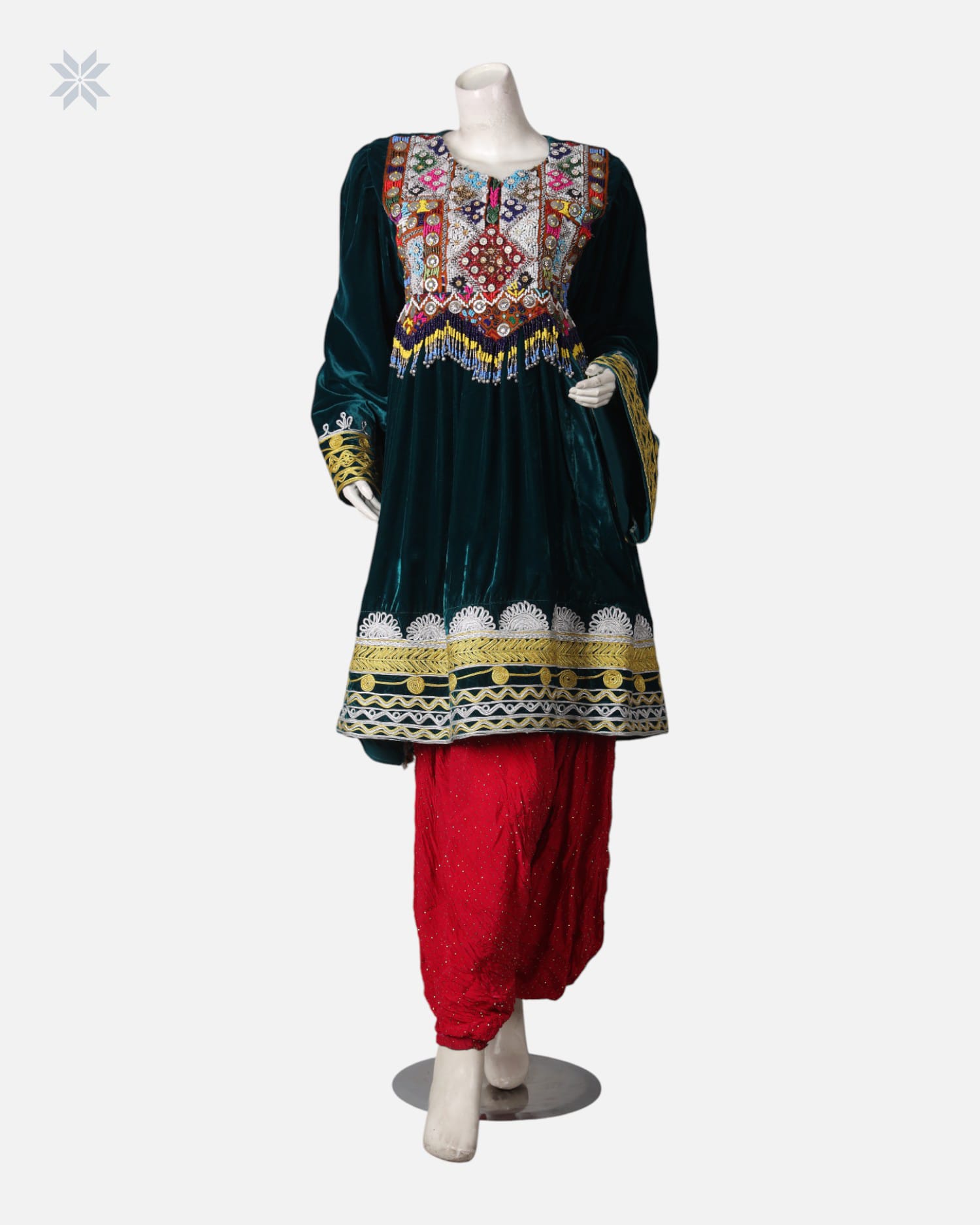 Green Velvet Dress with Pants and Red Shawl