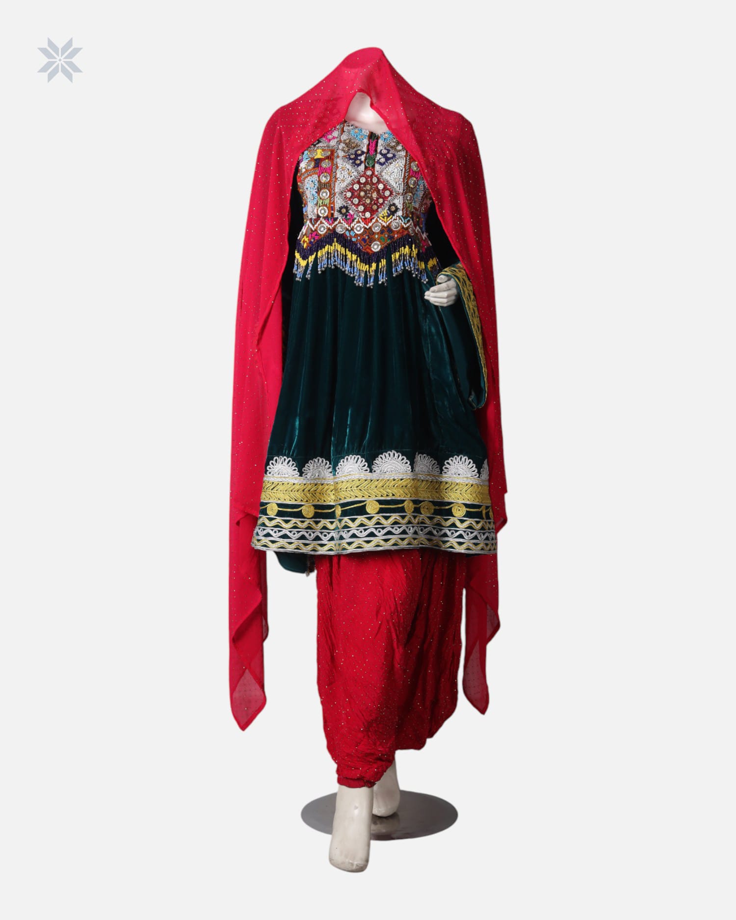 Green Velvet Dress with Pants and Red Shawl