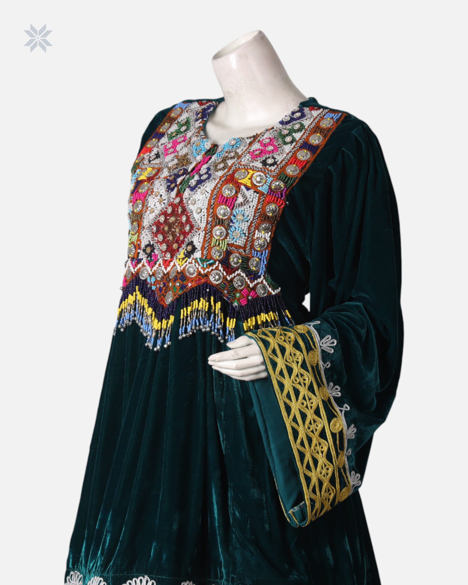 Green Velvet Dress with Pants and Red Shawl